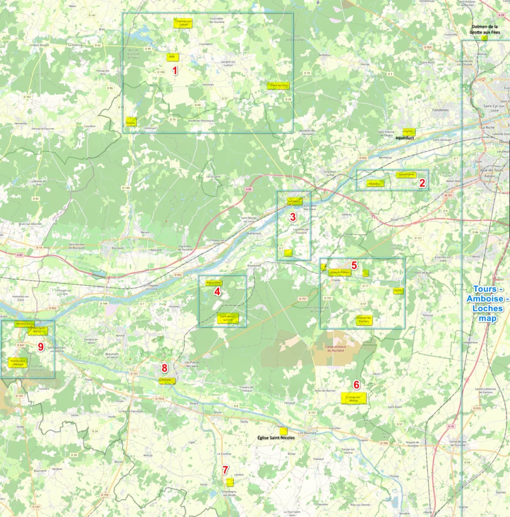 Карта достопримечательностей долины Луары от Тура до Шинона, Вилландри, Азе-ле-Ридо